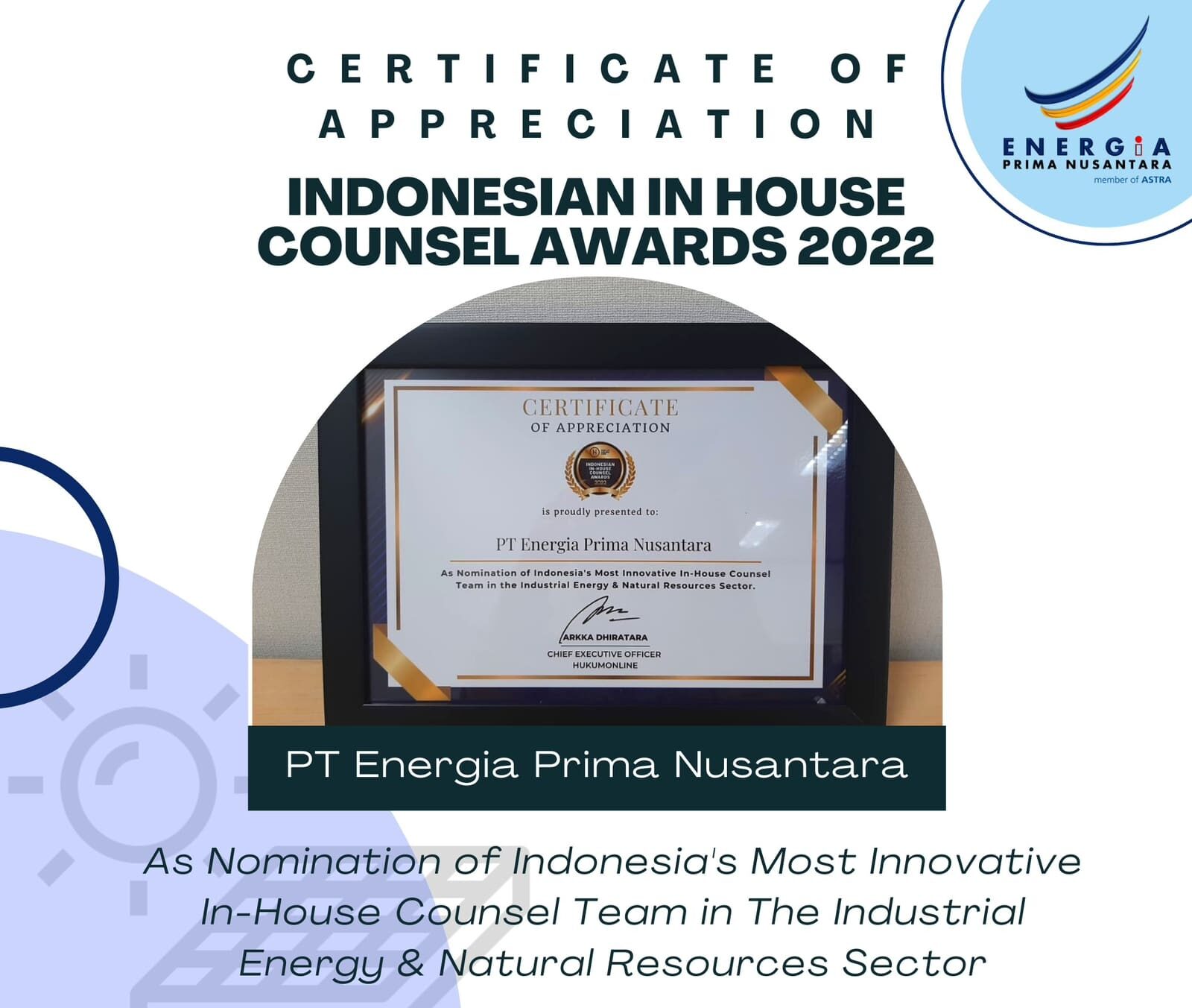 Indonesian In-House Counsel Awards 2022, Awards, energi terbarukan, listrik, pembangkit listrik, EPN